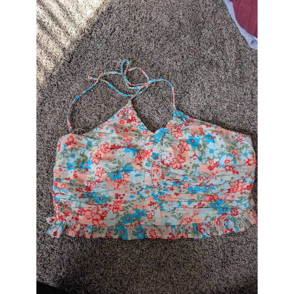 American Eagle Floral Halter Crop Top XL Ruched Smocked Ruffle‎ Cotton Red Blue